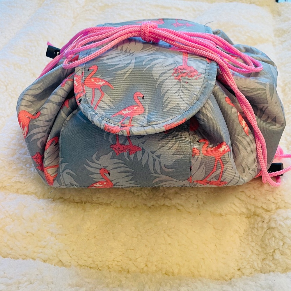 Makeup/Cosmetic expandable blue bag with flamingos